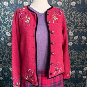 Icelandic Design Red Embroidered Cardigan Wool Sweater